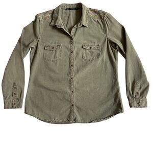Zara Trafulac Embroidery Aztec Western Embellished Snap Front Shirt EUC XL Army